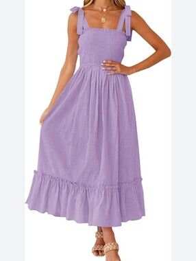 NWT Tobrief Women Boho Dress Summer  Flowy Ruffle Beach Maxi Bow Strap Purple XL